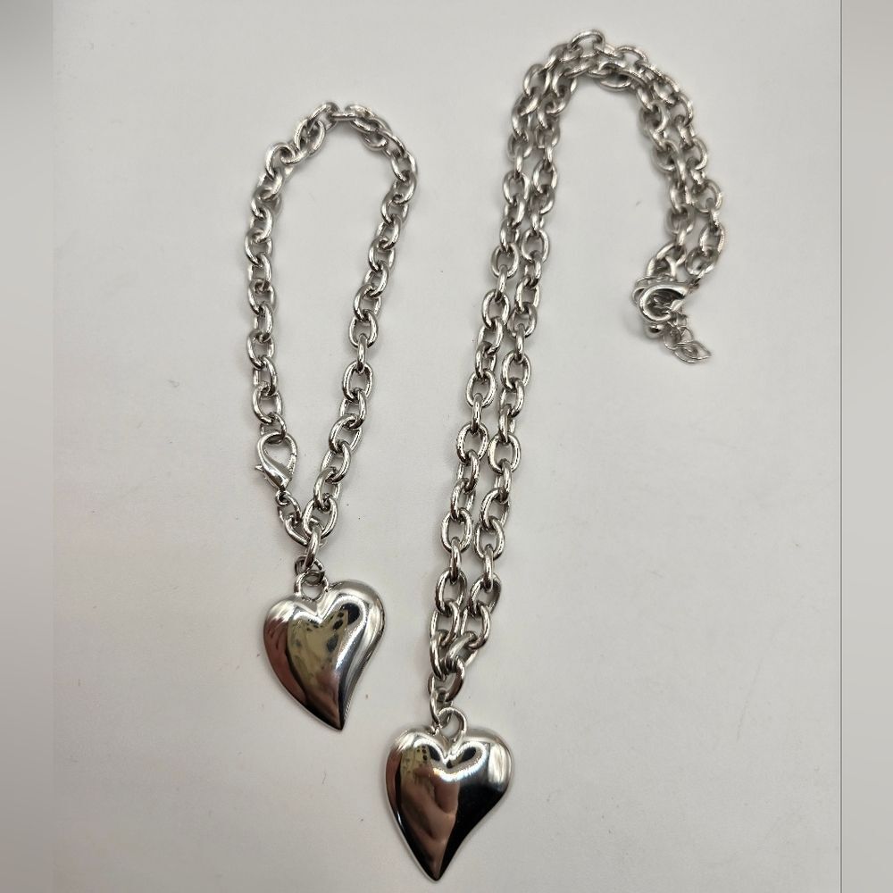 Vintage Silver Toned Heart Pendant Chain Hook Clasp Charm Bracelet Necklace Set
